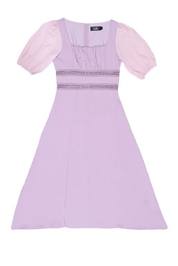 Fine Chiffon Sleeve Hollow Waist Lace Trim Midi Dress (Pastel Purple)